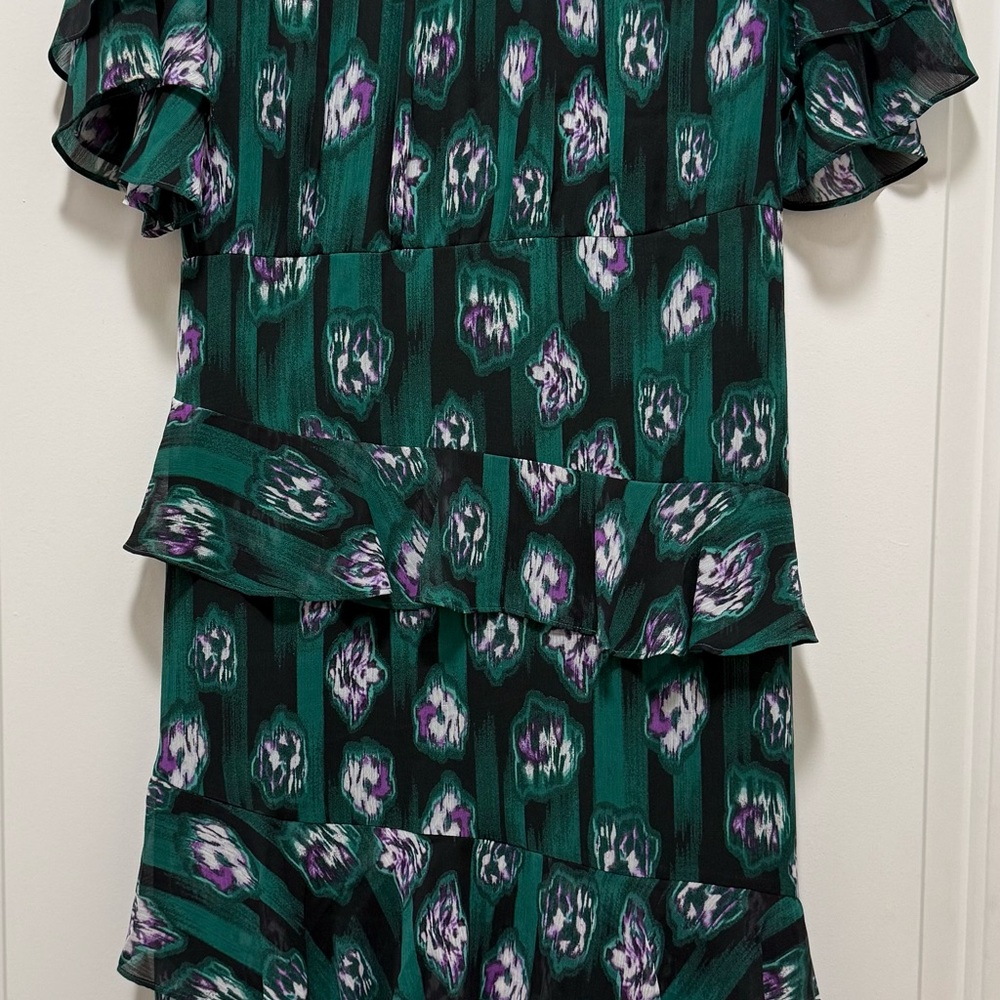 Green & Black Ruffle Dress with Purple Accents